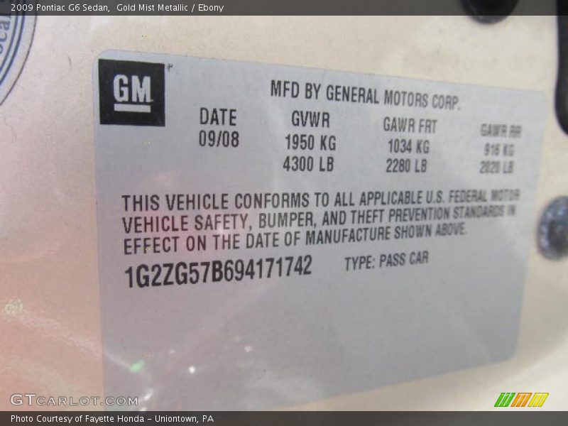 Gold Mist Metallic / Ebony 2009 Pontiac G6 Sedan