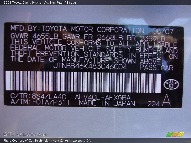 2008 Camry Hybrid Sky Blue Pearl Color Code 8S4