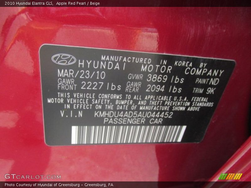 Apple Red Pearl / Beige 2010 Hyundai Elantra GLS