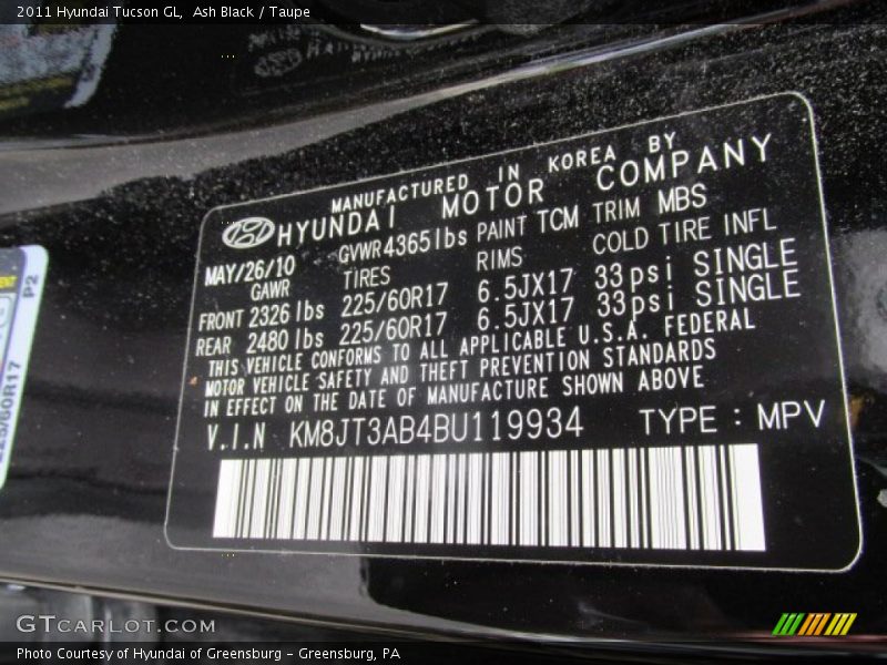 Ash Black / Taupe 2011 Hyundai Tucson GL