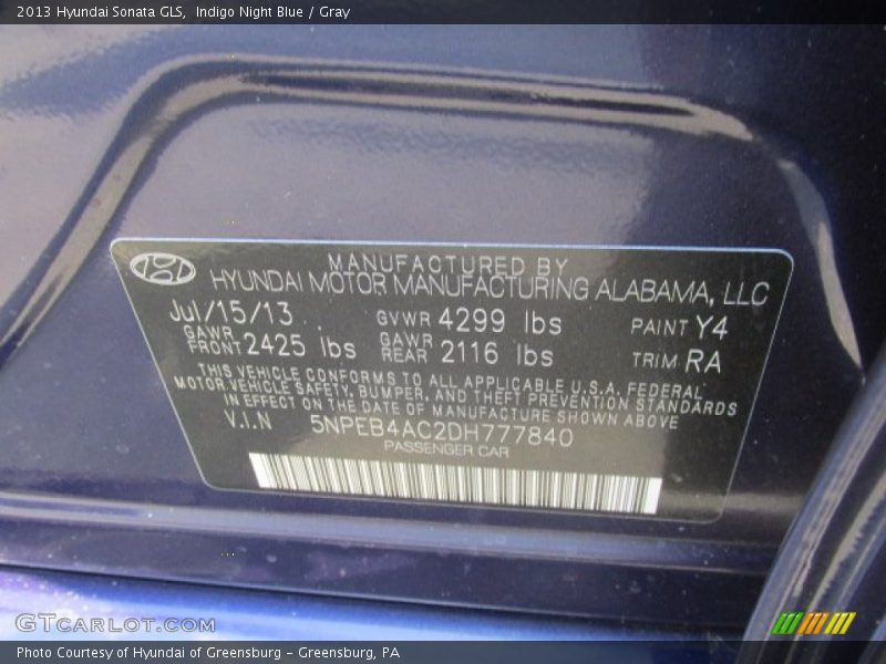 Indigo Night Blue / Gray 2013 Hyundai Sonata GLS