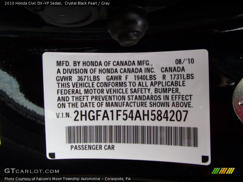 Crystal Black Pearl / Gray 2010 Honda Civic DX-VP Sedan