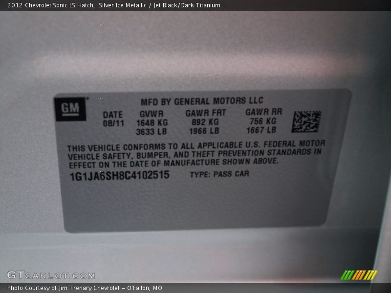 Silver Ice Metallic / Jet Black/Dark Titanium 2012 Chevrolet Sonic LS Hatch