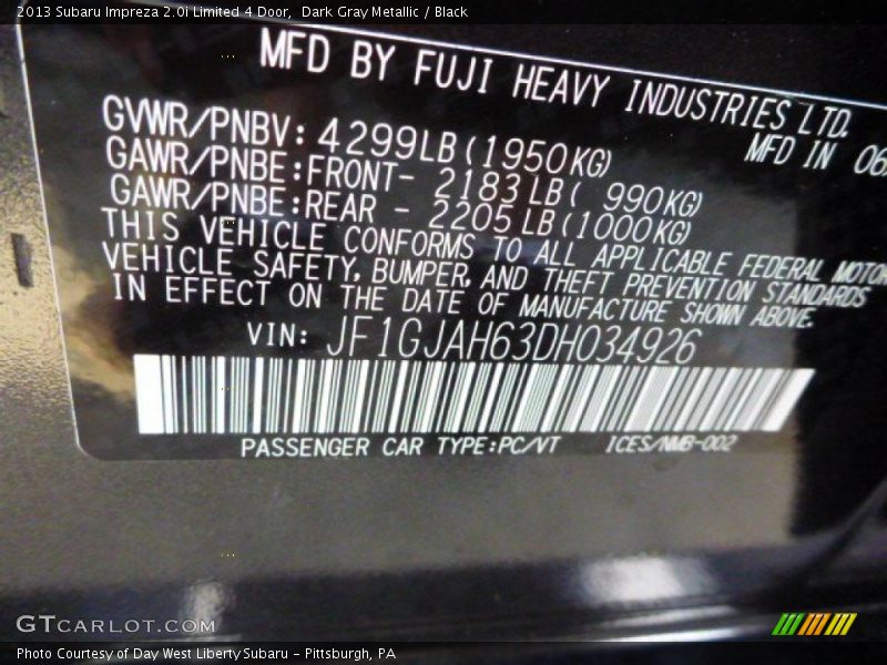 Dark Gray Metallic / Black 2013 Subaru Impreza 2.0i Limited 4 Door