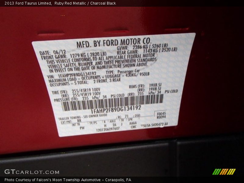 Ruby Red Metallic / Charcoal Black 2013 Ford Taurus Limited