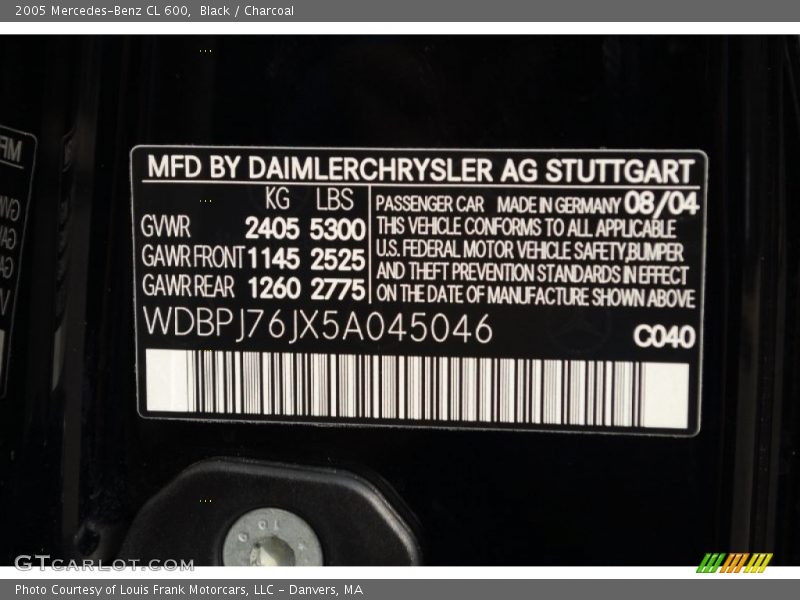 2005 CL 600 Black Color Code 040