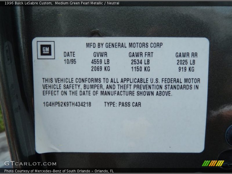 Info Tag of 1996 LeSabre Custom