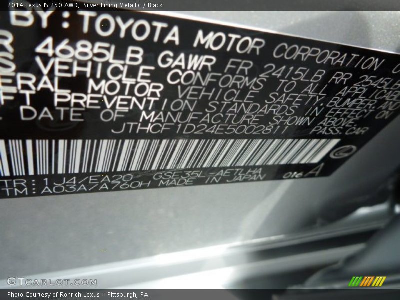 Silver Lining Metallic / Black 2014 Lexus IS 250 AWD