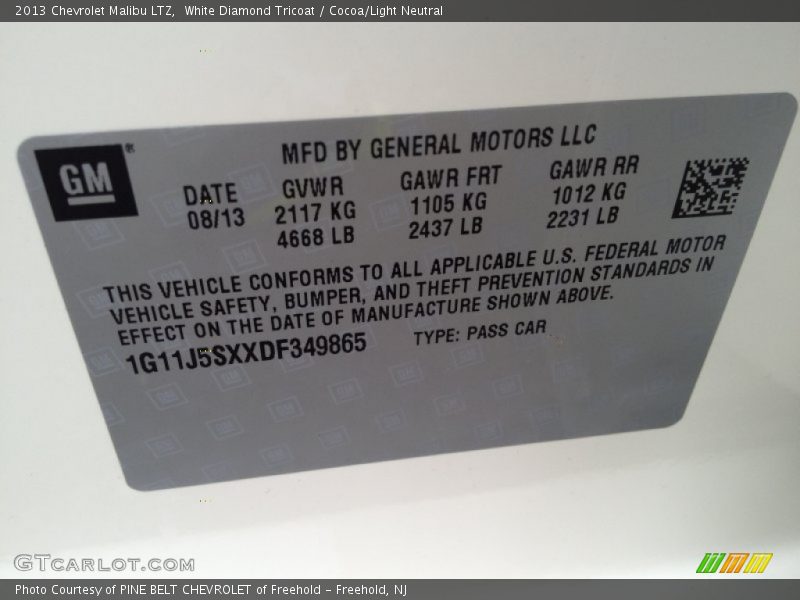 White Diamond Tricoat / Cocoa/Light Neutral 2013 Chevrolet Malibu LTZ