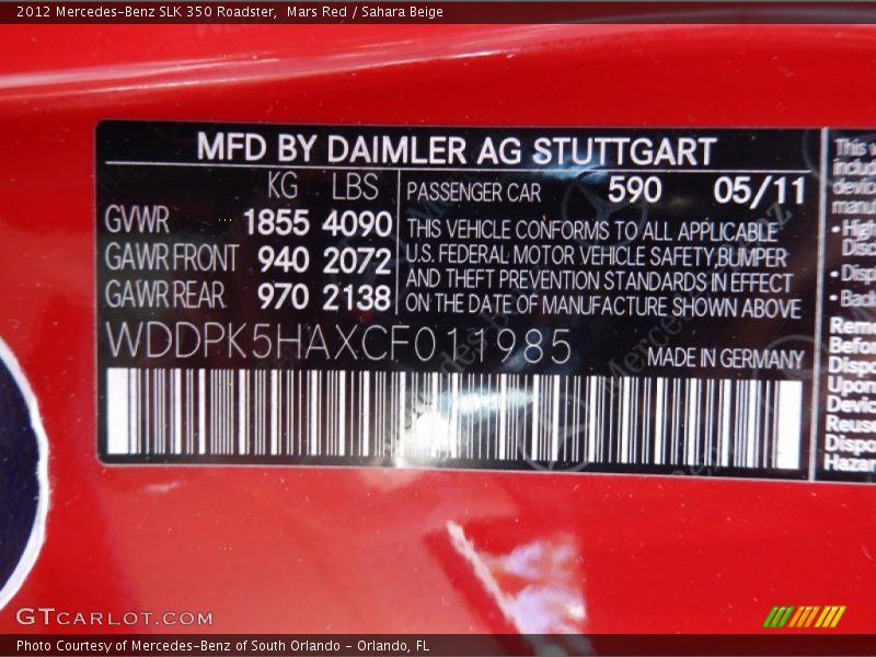 Mars Red / Sahara Beige 2012 Mercedes-Benz SLK 350 Roadster