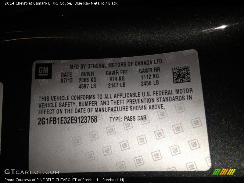 Blue Ray Metallic / Black 2014 Chevrolet Camaro LT/RS Coupe