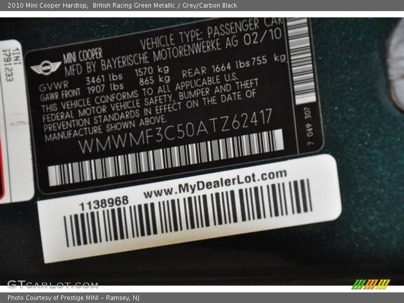 British Racing Green Metallic / Grey/Carbon Black 2010 Mini Cooper Hardtop