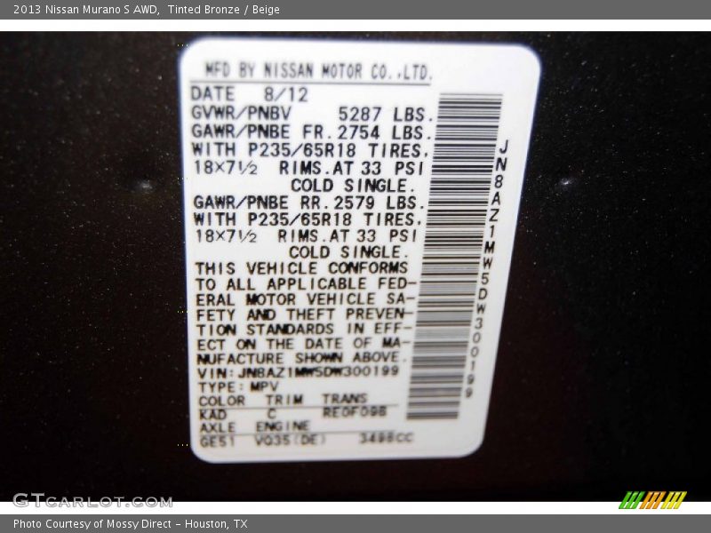 Tinted Bronze / Beige 2013 Nissan Murano S AWD