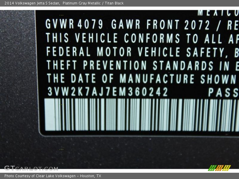 Platinum Gray Metallic / Titan Black 2014 Volkswagen Jetta S Sedan