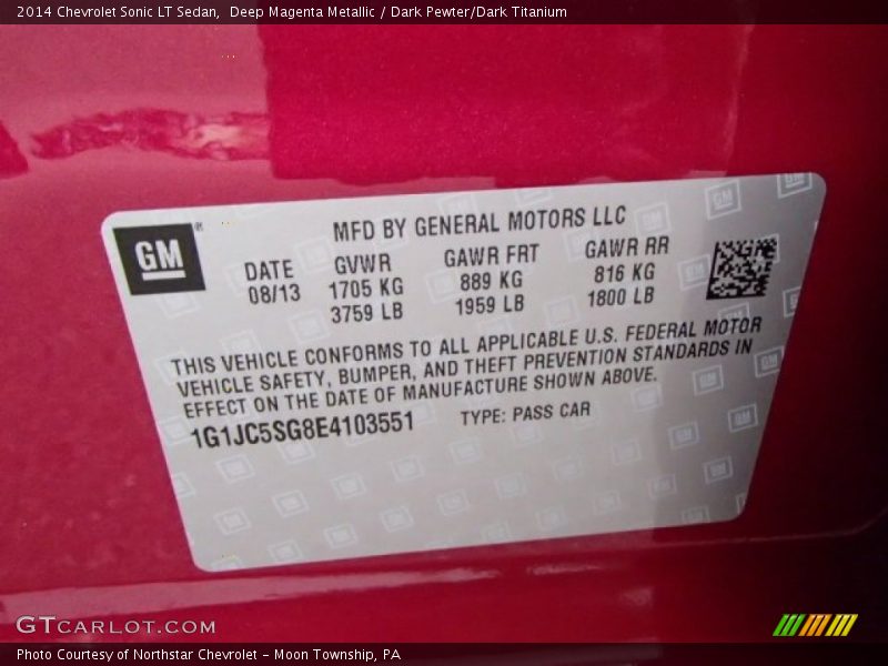 Info Tag of 2014 Sonic LT Sedan
