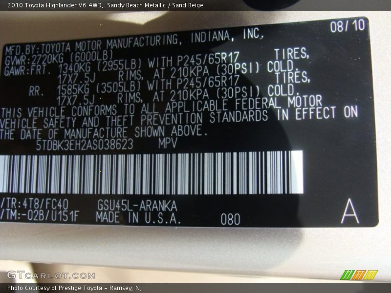 Sandy Beach Metallic / Sand Beige 2010 Toyota Highlander V6 4WD