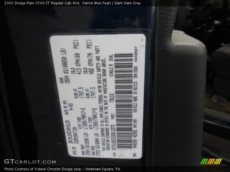 Patriot Blue Pearl / Dark Slate Gray 2003 Dodge Ram 2500 ST Regular Cab 4x4