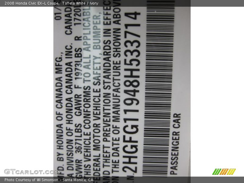 Taffeta White / Ivory 2008 Honda Civic EX-L Coupe
