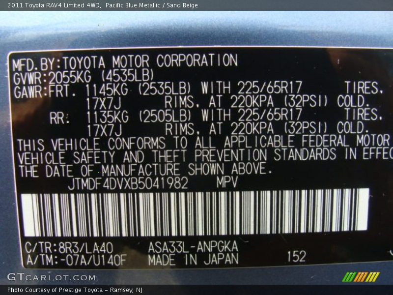 Pacific Blue Metallic / Sand Beige 2011 Toyota RAV4 Limited 4WD