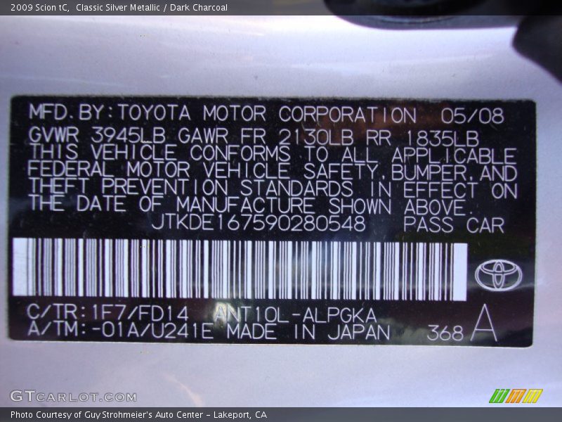 Classic Silver Metallic / Dark Charcoal 2009 Scion tC
