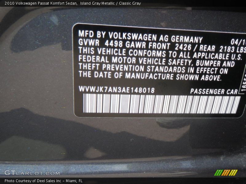 Island Gray Metallic / Classic Gray 2010 Volkswagen Passat Komfort Sedan