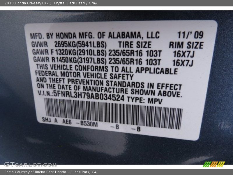 Crystal Black Pearl / Gray 2010 Honda Odyssey EX-L