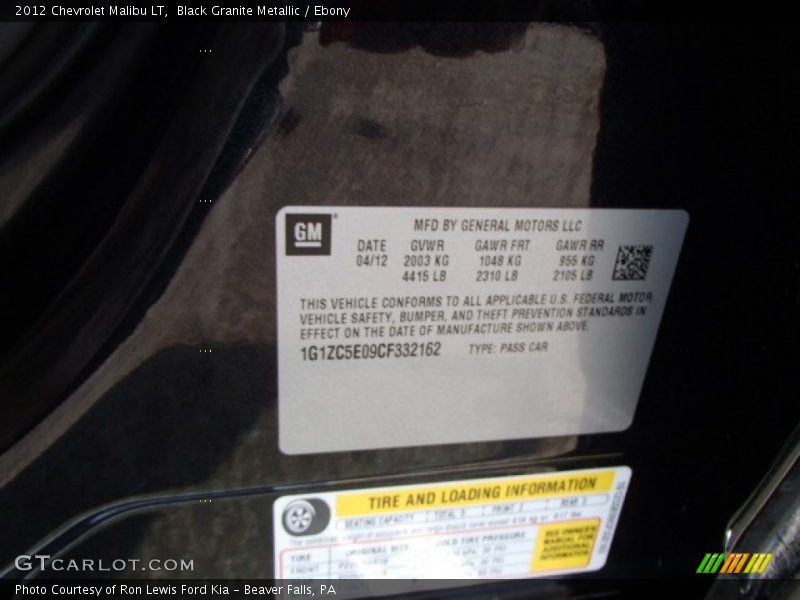 Black Granite Metallic / Ebony 2012 Chevrolet Malibu LT