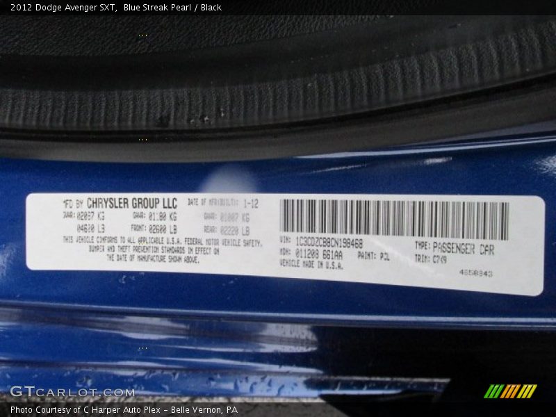 Blue Streak Pearl / Black 2012 Dodge Avenger SXT