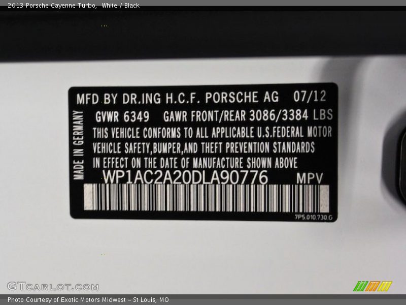 Info Tag of 2013 Cayenne Turbo