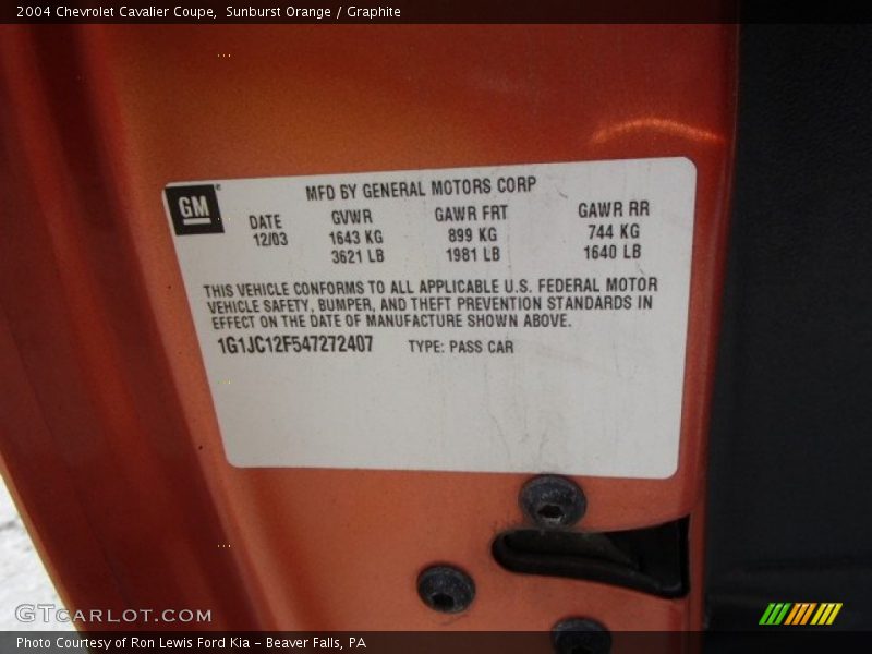 Sunburst Orange / Graphite 2004 Chevrolet Cavalier Coupe