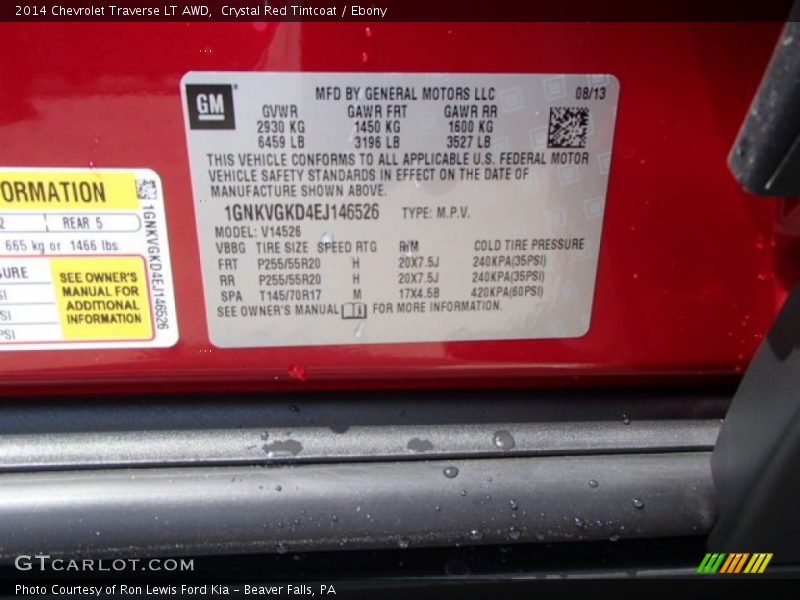 Crystal Red Tintcoat / Ebony 2014 Chevrolet Traverse LT AWD
