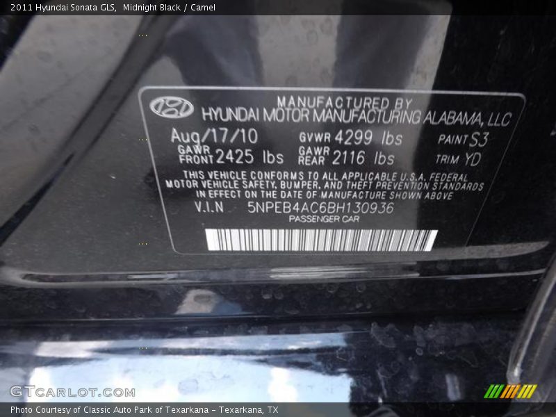 Midnight Black / Camel 2011 Hyundai Sonata GLS