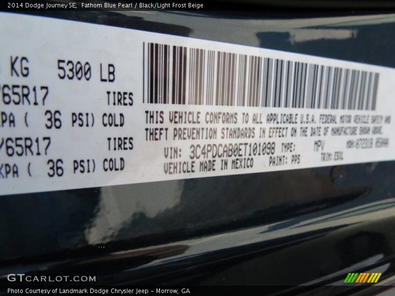 2014 Journey SE Fathom Blue Pearl Color Code PPS