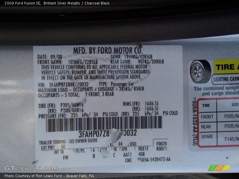 Brilliant Silver Metallic / Charcoal Black 2009 Ford Fusion SE