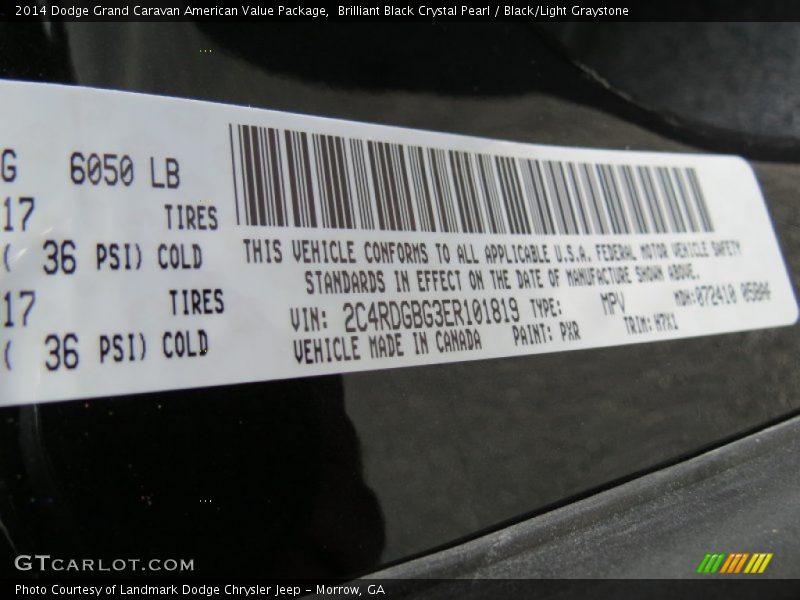 2014 Grand Caravan American Value Package Brilliant Black Crystal Pearl Color Code PXR