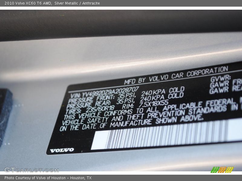 Silver Metallic / Anthracite 2010 Volvo XC60 T6 AWD