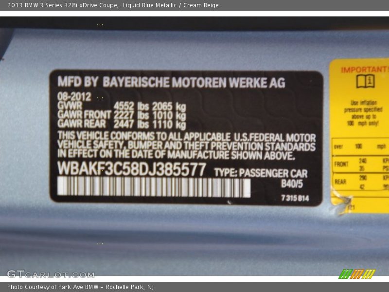 Liquid Blue Metallic / Cream Beige 2013 BMW 3 Series 328i xDrive Coupe