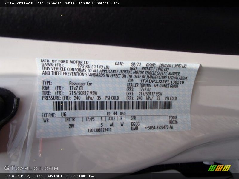 White Platinum / Charcoal Black 2014 Ford Focus Titanium Sedan