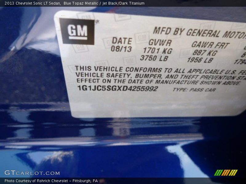 Blue Topaz Metallic / Jet Black/Dark Titanium 2013 Chevrolet Sonic LT Sedan