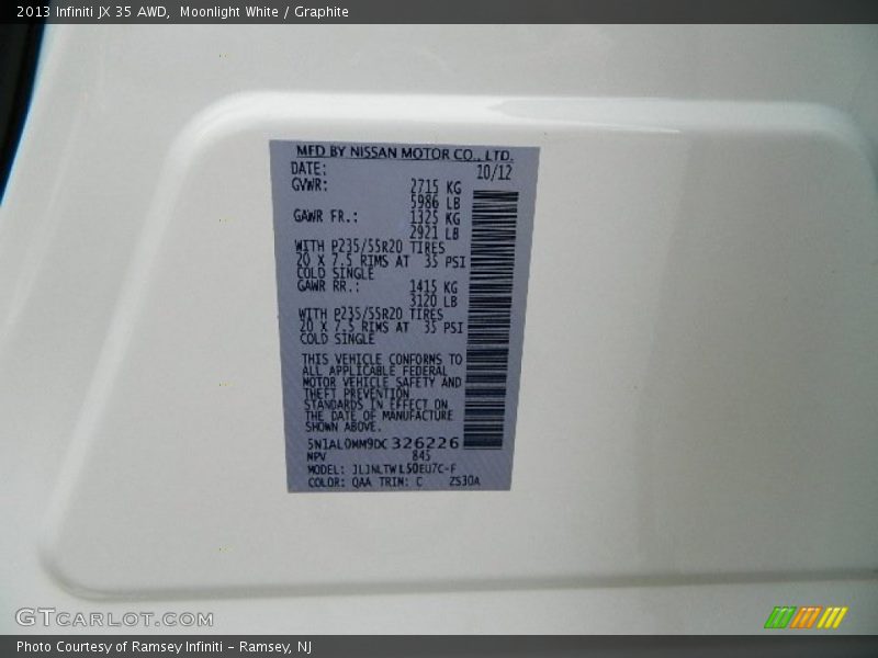Moonlight White / Graphite 2013 Infiniti JX 35 AWD