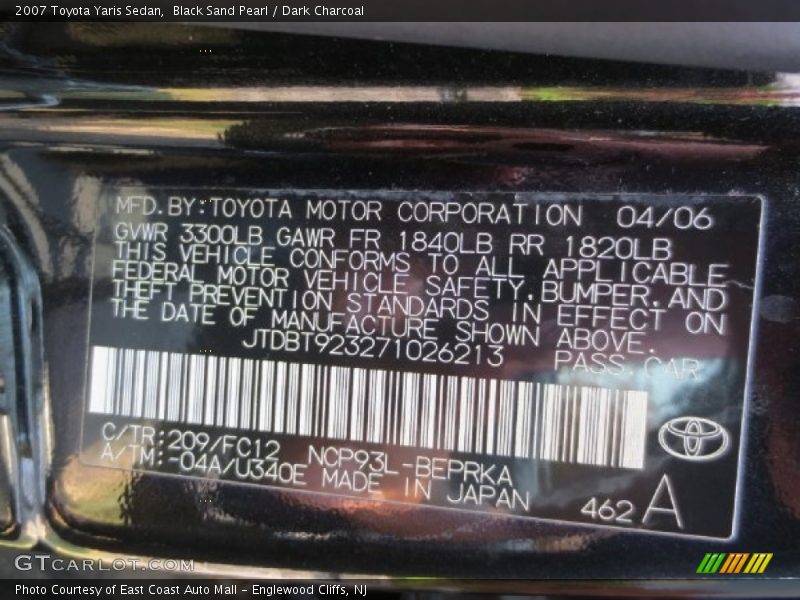 Black Sand Pearl / Dark Charcoal 2007 Toyota Yaris Sedan