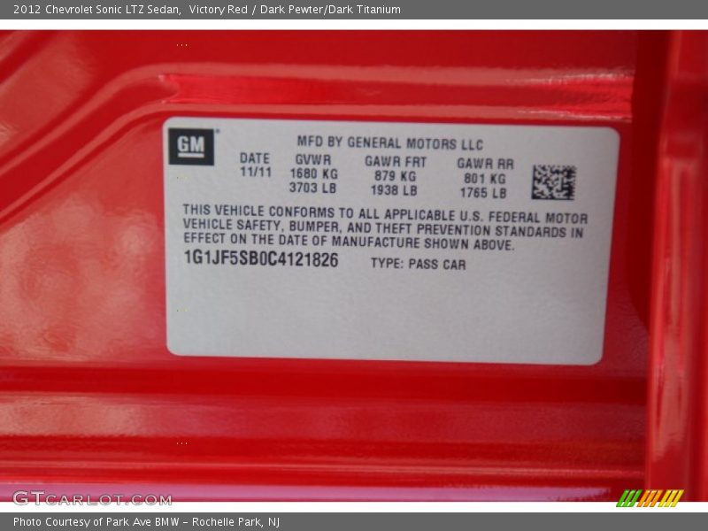 Info Tag of 2012 Sonic LTZ Sedan