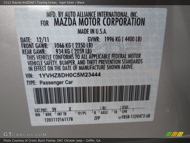 Ingot Silver / Black 2012 Mazda MAZDA6 i Touring Sedan