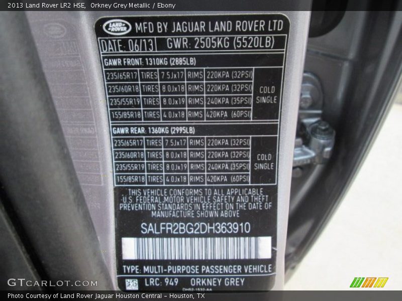 2013 LR2 HSE Orkney Grey Metallic Color Code 949