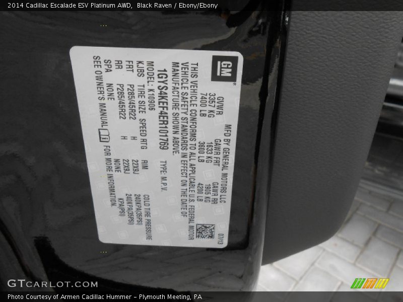 Info Tag of 2014 Escalade ESV Platinum AWD