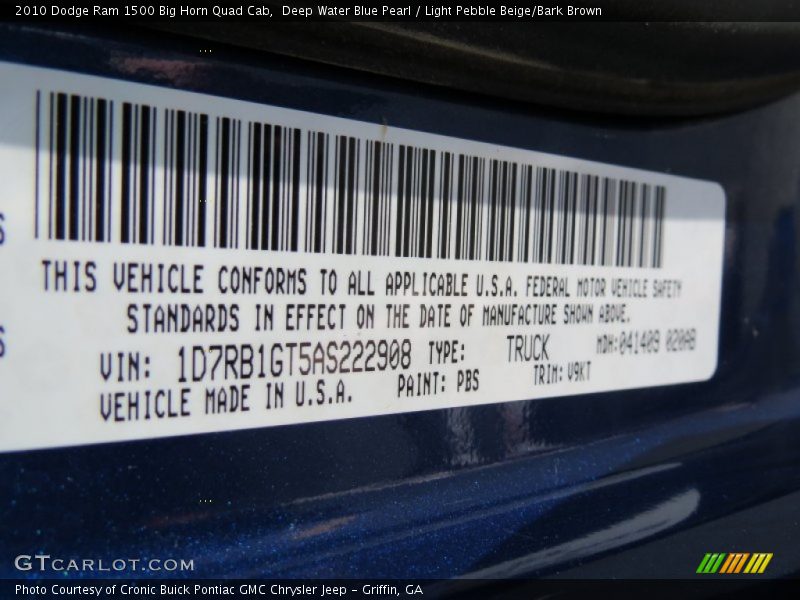 Deep Water Blue Pearl / Light Pebble Beige/Bark Brown 2010 Dodge Ram 1500 Big Horn Quad Cab
