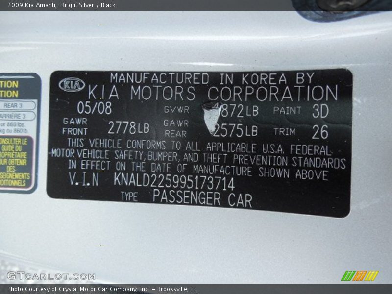 Bright Silver / Black 2009 Kia Amanti