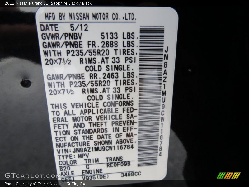2012 Murano LE Sapphire Black Color Code B20