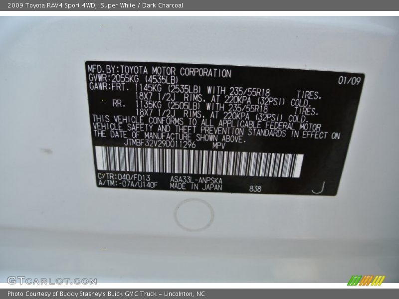 Super White / Dark Charcoal 2009 Toyota RAV4 Sport 4WD