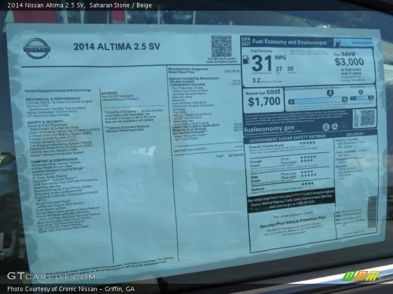  2014 Altima 2.5 SV Window Sticker